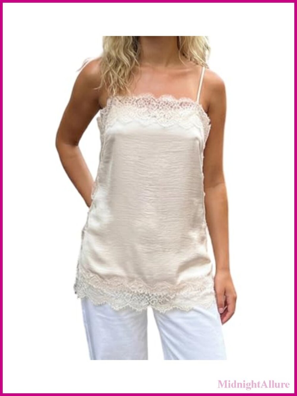 Women Satin Camisole Tank Top Lace Trim V Neck Spaghetti Strap Flowy